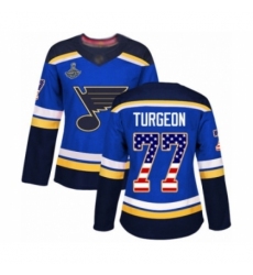 Women's St. Louis Blues #77 Pierre Turgeon Authentic Blue USA Flag Fashion 2019 Stanley Cup Champions Hockey Jersey