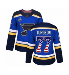 Women's St. Louis Blues #77 Pierre Turgeon Authentic Blue USA Flag Fashion 2019 Stanley Cup Final Bound Hockey Jersey