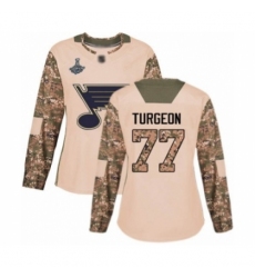 Women's St. Louis Blues #77 Pierre Turgeon Authentic Camo Veterans Day Practice 2019 Stanley Cup Champions Hockey Jersey