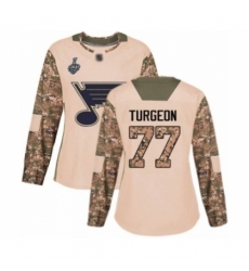 Women's St. Louis Blues #77 Pierre Turgeon Authentic Camo Veterans Day Practice 2019 Stanley Cup Final Bound Hockey Jersey