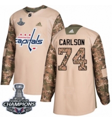 Men's Adidas Washington Capitals #74 John Carlson Authentic Camo Veterans Day Practice 2018 Stanley Cup Final Champions NHL Jersey