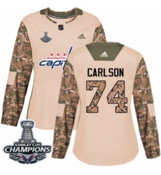 Women's Adidas Washington Capitals #74 John Carlson Authentic Camo Veterans Day Practice 2018 Stanley Cup Final Champions NHL Jersey