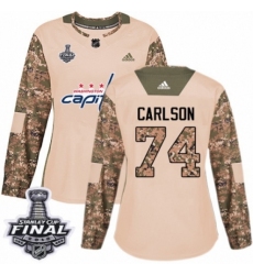 Women's Adidas Washington Capitals #74 John Carlson Authentic Camo Veterans Day Practice 2018 Stanley Cup Final NHL Jersey