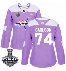 Women's Adidas Washington Capitals #74 John Carlson Authentic Purple Fights Cancer Practice 2018 Stanley Cup Final NHL Jersey