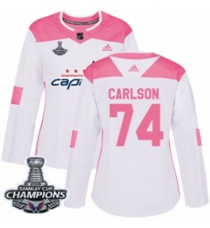 Women's Adidas Washington Capitals #74 John Carlson Authentic White Pink Fashion 2018 Stanley Cup Final Champions NHL Jersey