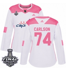 Women's Adidas Washington Capitals #74 John Carlson Authentic White/Pink Fashion 2018 Stanley Cup Final NHL Jersey