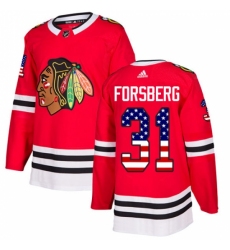 Men's Adidas Chicago Blackhawks #31 Anton Forsberg Authentic Red USA Flag Fashion NHL Jersey