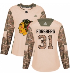 Women's Adidas Chicago Blackhawks #31 Anton Forsberg Authentic Camo Veterans Day Practice NHL Jersey