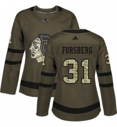 Women's Adidas Chicago Blackhawks #31 Anton Forsberg Authentic Green Salute to Service NHL Jersey