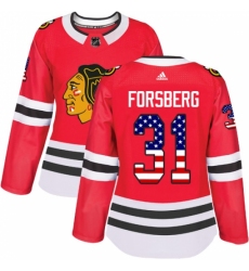 Women's Adidas Chicago Blackhawks #31 Anton Forsberg Authentic Red USA Flag Fashion NHL Jersey