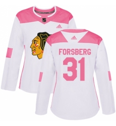 Women's Adidas Chicago Blackhawks #31 Anton Forsberg Authentic White/Pink Fashion NHL Jersey