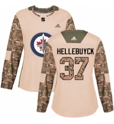 Women's Adidas Winnipeg Jets #37 Connor Hellebuyck Authentic Camo Veterans Day Practice NHL Jersey