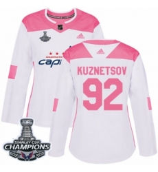 Women's Adidas Washington Capitals #92 Evgeny Kuznetsov Authentic White Pink Fashion 2018 Stanley Cup Final Champions NHL Jersey