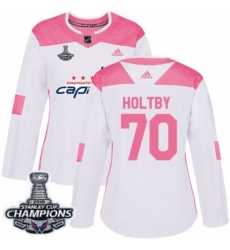 Women's Adidas Washington Capitals #70 Braden Holtby Authentic White Pink Fashion 2018 Stanley Cup Final Champions NHL Jersey