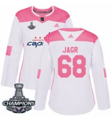 Women's Adidas Washington Capitals #68 Jaromir Jagr Authentic White Pink Fashion 2018 Stanley Cup Final Champions NHL Jersey