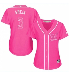 Women's Majestic Milwaukee Brewers #3 Orlando Arcia Replica Pink Fashion Cool Base MLB Jersey