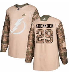 Men's Adidas Tampa Bay Lightning #29 Slater Koekkoek Authentic Camo Veterans Day Practice NHL Jersey