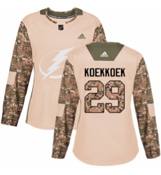 Women's Adidas Tampa Bay Lightning #29 Slater Koekkoek Authentic Camo Veterans Day Practice NHL Jersey