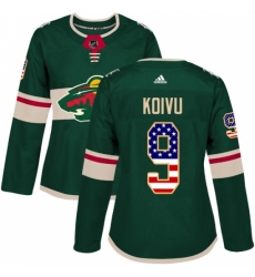 Women's Adidas Minnesota Wild #9 Mikko Koivu Authentic Green USA Flag Fashion NHL Jersey