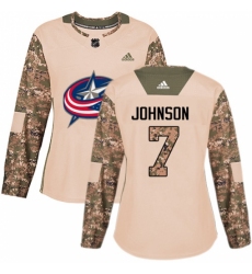 Women's Adidas Columbus Blue Jackets #7 Jack Johnson Authentic Camo Veterans Day Practice NHL Jersey