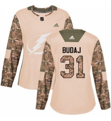 Women's Adidas Tampa Bay Lightning #31 Peter Budaj Authentic Camo Veterans Day Practice NHL Jersey