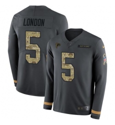 Men's Nike Atlanta Falcons #5 Drake London Anthracite Salute To Service Stitched NFL Limited Therma Long Sleeve Jersey