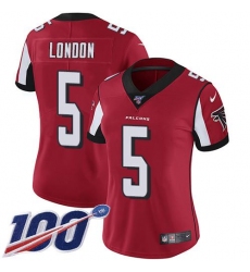 Women's Nike Atlanta Falcons #5 Drake London Red Team Color Stitched NFL 100th Season Vapor Untouchable Limited Jersey