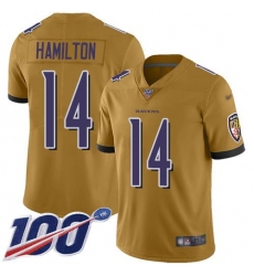 Men's Nike Baltimore Ravens #14 Kyle Hamilton Gold Stitched NFL Limited Inverted Legend 100th Season Jersey