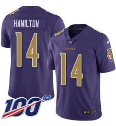 Men's Nike Baltimore Ravens #14 Kyle Hamilton Purple Stitched NFL Limited Rush 100th Season Jersey