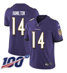 Men's Nike Baltimore Ravens #14 Kyle Hamilton Purple Team Color Stitched NFL 100th Season Vapor Untouchable Limited Jersey