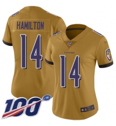 Women's Nike Baltimore Ravens #14 Kyle Hamilton Gold Stitched NFL Limited Inverted Legend 100th Season Jersey