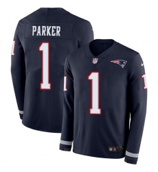 Men's Nike New England Patriots #1 DeVante Parker Navy Blue Team Color Stitched NFL Limited Therma Long Sleeve Jersey