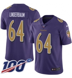 Men's Nike Baltimore Ravens #64 Tyler Linderbaum Purple Stitched NFL Limited Rush 100th Season Jersey