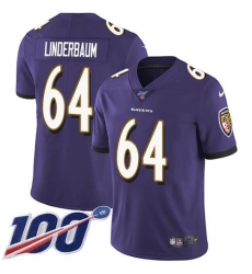 Men's Nike Baltimore Ravens #64 Tyler Linderbaum Purple Team Color Stitched NFL 100th Season Vapor Untouchable Limited Jersey