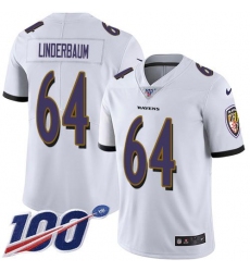 Men's Nike Baltimore Ravens #64 Tyler Linderbaum White Stitched NFL 100th Season Vapor Untouchable Limited Jersey