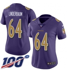 Women's Nike Baltimore Ravens #64 Tyler Linderbaum Purple Stitched NFL Limited Rush 100th Season Jersey