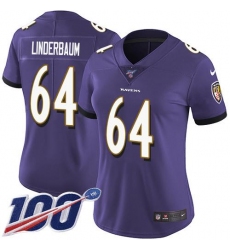 Women's Nike Baltimore Ravens #64 Tyler Linderbaum Purple Team Color Stitched NFL 100th Season Vapor Untouchable Limited Jersey