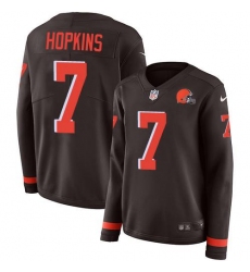 Women's Nike Cleveland Browns #7 Dustin Hopkins Brown Team Color Stitched NFL Limited Therma Long Sleeve Jersey