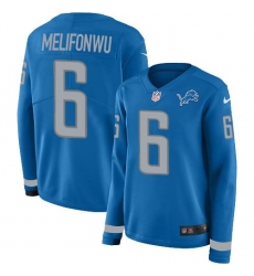 Women's Nike Detroit Lions #6 Ifeatu Melifonwu Blue Team Color Stitched NFL Limited Therma Long Sleeve Jersey