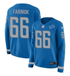 Women's Nike Detroit Lions #66 Matt Farniok Blue Team Color Stitched NFL Limited Therma Long Sleeve Jersey