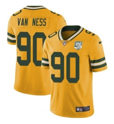 Men's Nike Green Bay Packers #90 Lukas Van Ness Yellow 100th Season Stitched NFL Limited Rush Jersey