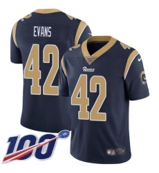 Men's Nike Los Angeles Rams #42 Ethan Evans Navy Blue Team Color Stitched NFL 100th Season Vapor Limited Jersey