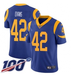 Men's Nike Los Angeles Rams #42 Ethan Evans Royal Blue Alternate Stitched NFL 100th Season Vapor Limited Jersey