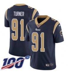 Men's Nike Los Angeles Rams #91 Kobie Turner Navy Blue Team Color Stitched NFL 100th Season Vapor Limited Jersey