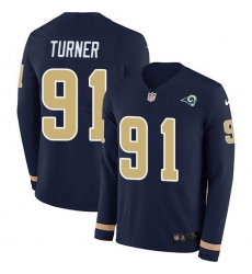 Men's Nike Los Angeles Rams #91 Kobie Turner Navy Blue Team Color Stitched NFL Limited Therma Long Sleeve Jersey