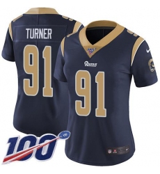 Women's Nike Los Angeles Rams #91 Kobie Turner Navy Blue Team Color Stitched NFL 100th Season Vapor Limited Jersey