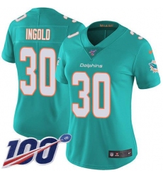 Women's Nike Miami Dolphins #30 Alec Ingold Aqua Green Team Color Stitched NFL 100th Season Vapor Untouchable Limited Jersey