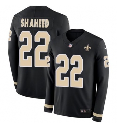 Men's Nike New Orleans Saints #22 Rashid Shaheed Black Team Color Stitched NFL Limited Therma Long Sleeve Jersey