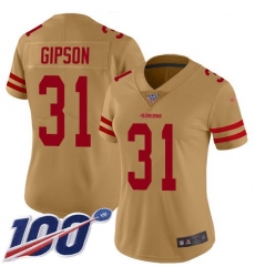 Women's Nike San Francisco 49ers #31 Tashaun Gipson Gold Stitched NFL Limited Inverted Legend 100th Season Jersey